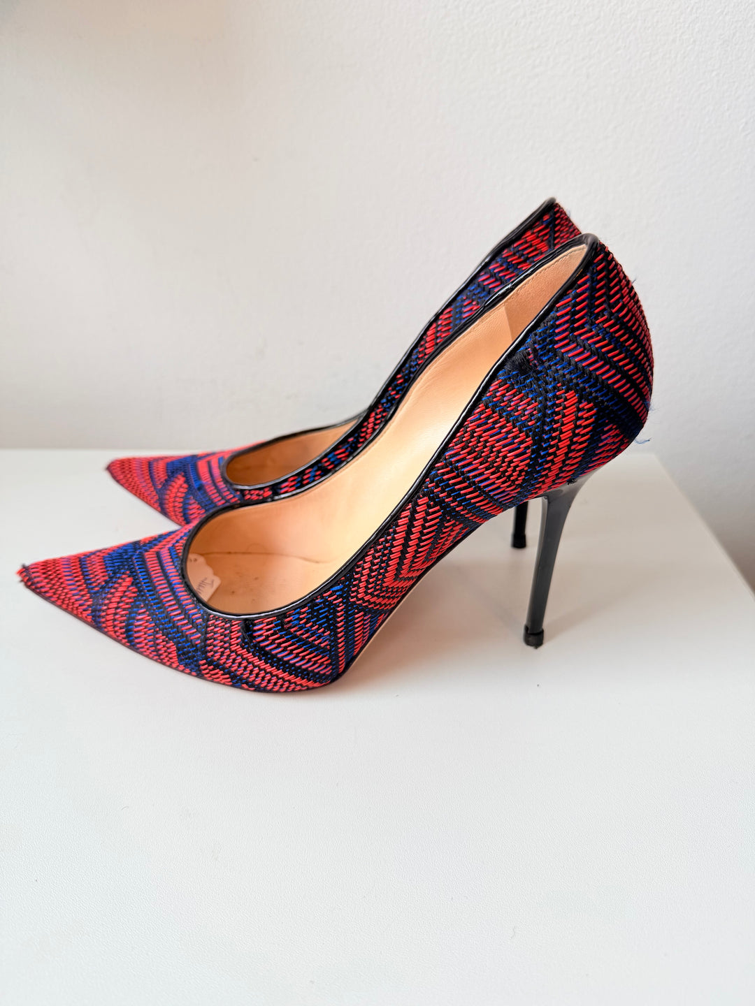 Jimmy Choo Abel Pointed Woven Fabric Red/Blue Pumps Size 39.5