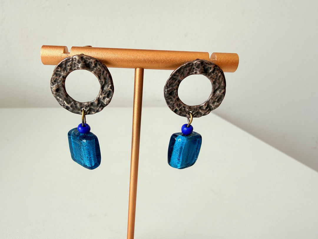 Hammered Silver Tone Blue Stone Pierced Earrings