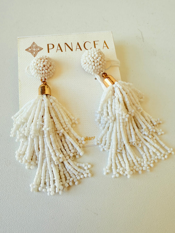 Anthropologie Panacea White Beaded Fringe Pierced Earrings