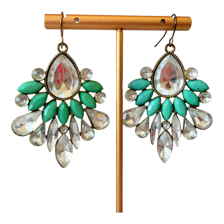 Mint & Gold Statement Pierced Earrings With Clear Rhinestones