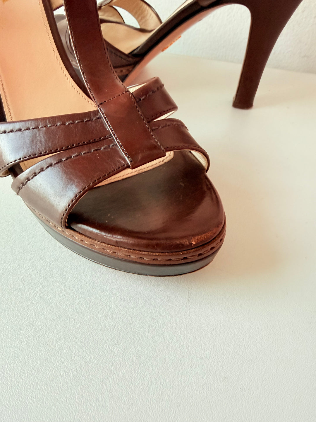Prada Brown T Strap Platform Leather Heeled Sandals Rare Size 38