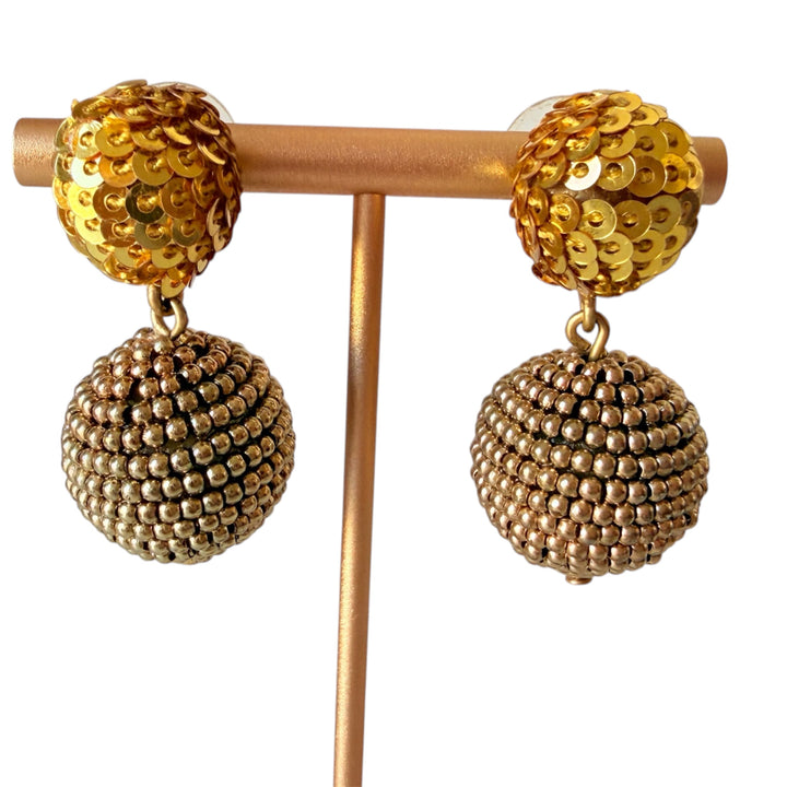 Gold Tone Dangle Earrings With Sequins & Beaded Spherical Ball Drops Pierced