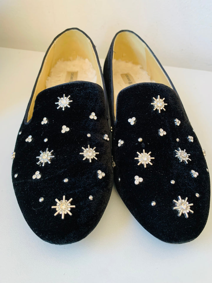 Birdies Black Starling Rhinestone Velvet Slip On Flats Size 10