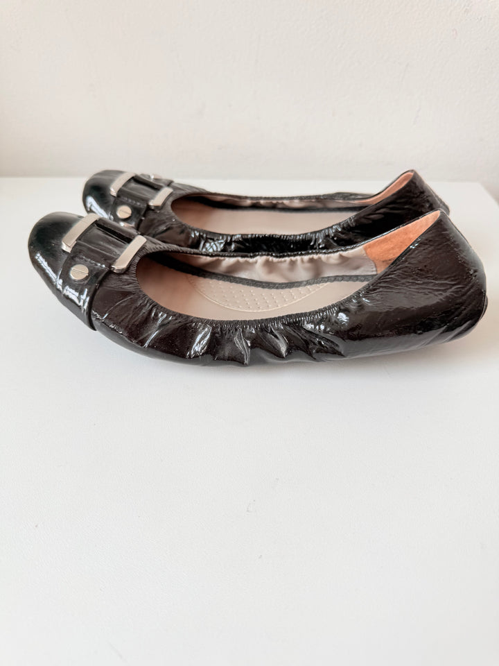 Me Too Black Patent Silver Buckle Ballet Flats Size 7.5