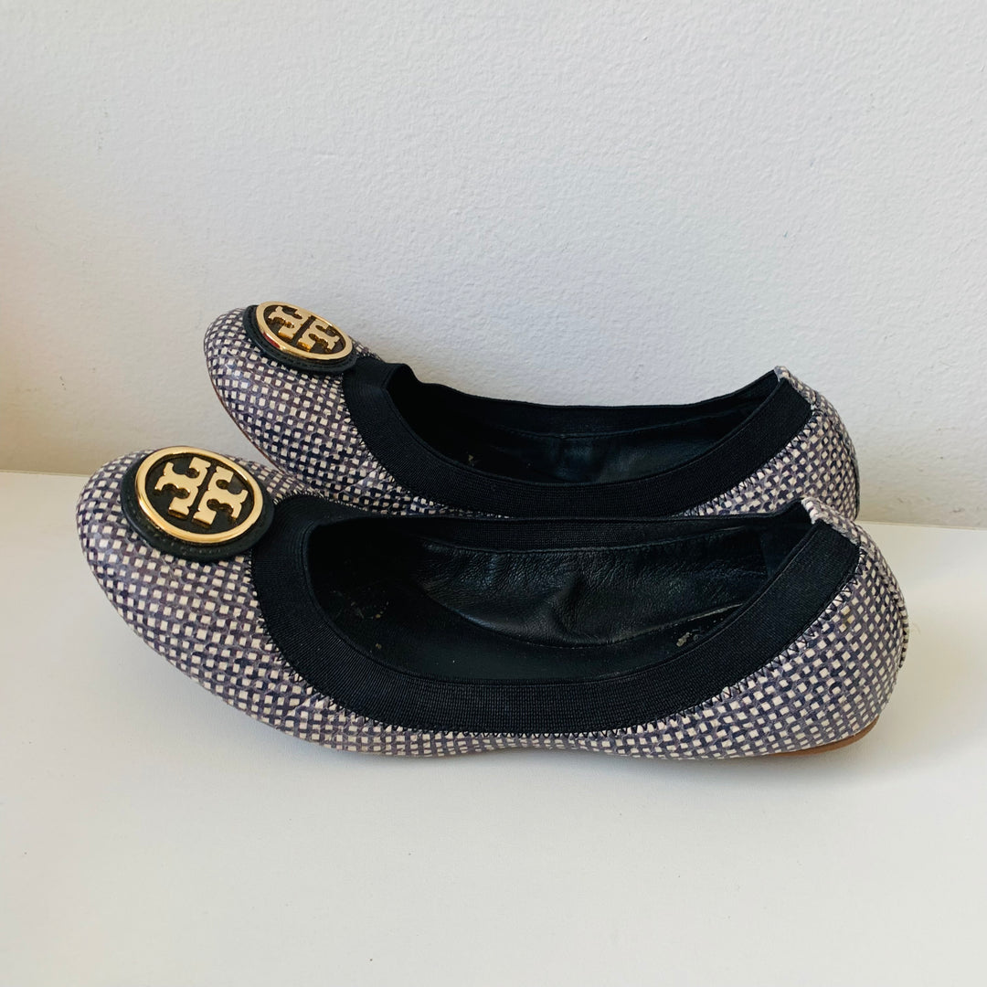 Tory Burch Caroline 2 -Black White Tidal Grid Ballet Flat Size 7