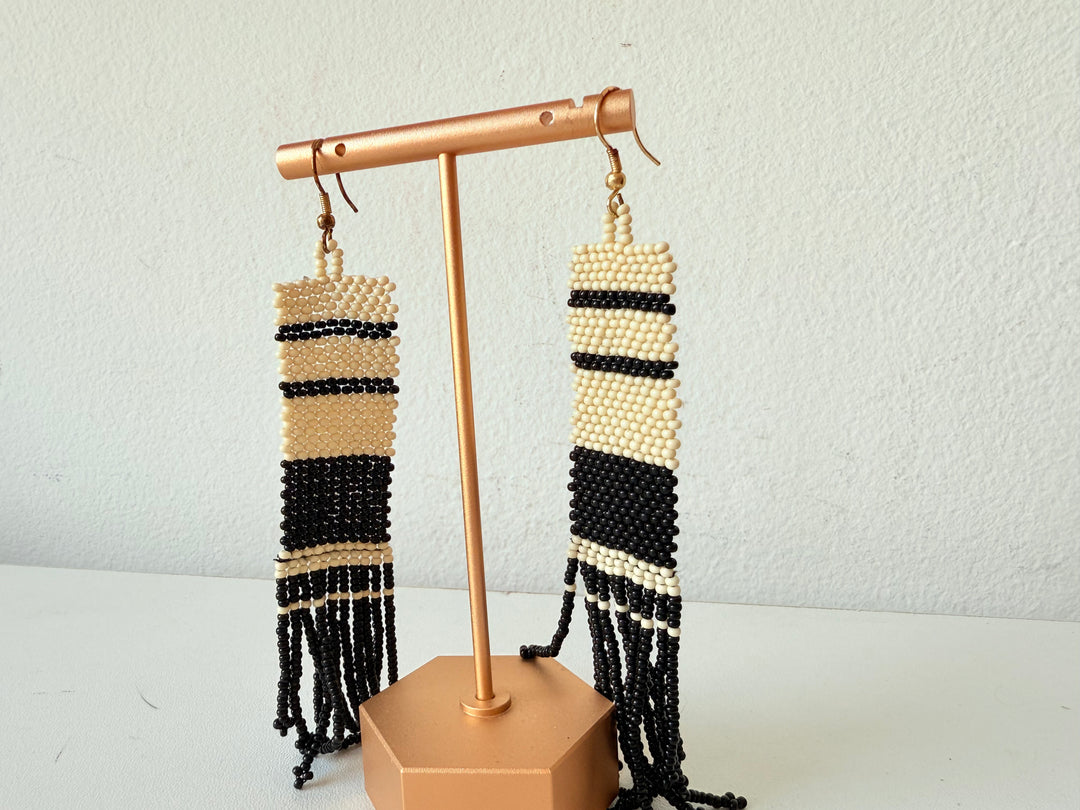 Black and Ivory Stripe Beaded 5” Fringe Pierced Earrings Handmade