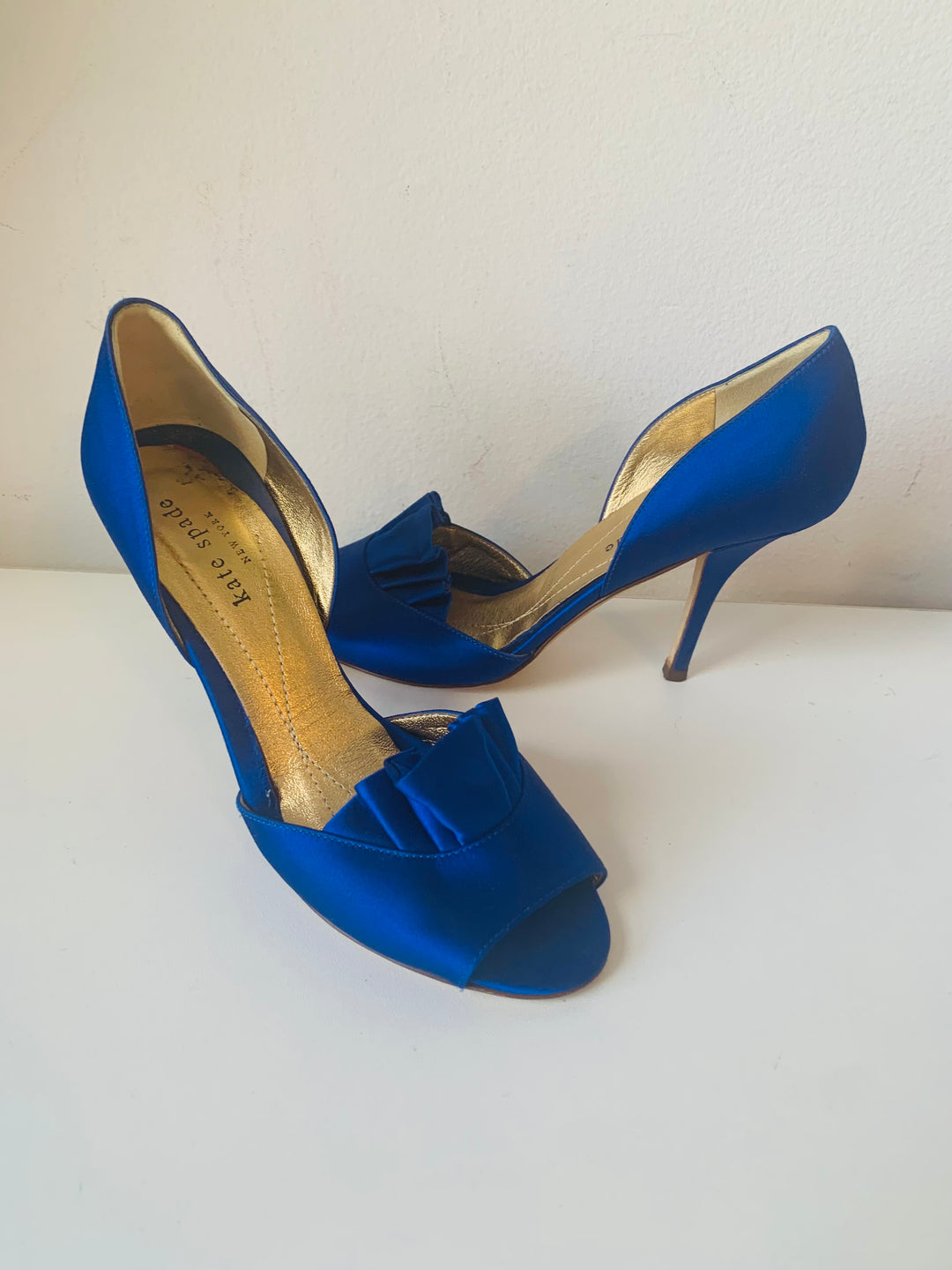 Kate Spade Blue Satin Ruffled Peep Toe Dress Pumps Size 6