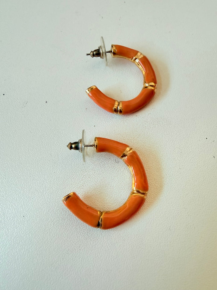 Kenneth Jay Lane Orange Enamel Bamboo Style Hoop Earrings