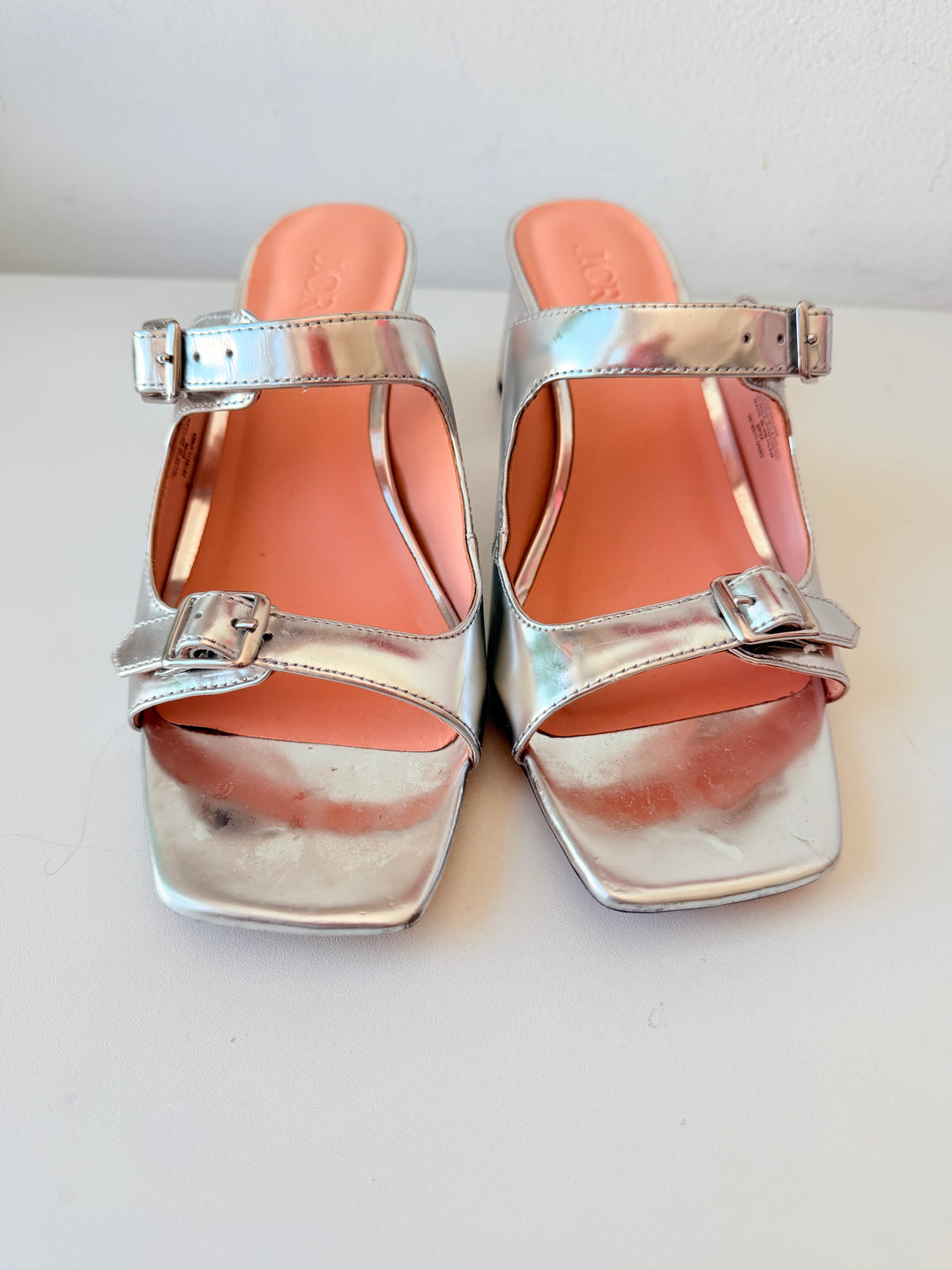 J.Crew Layne Buckle Sandals in Mettalic Silver Specchio Leather Size 7.5