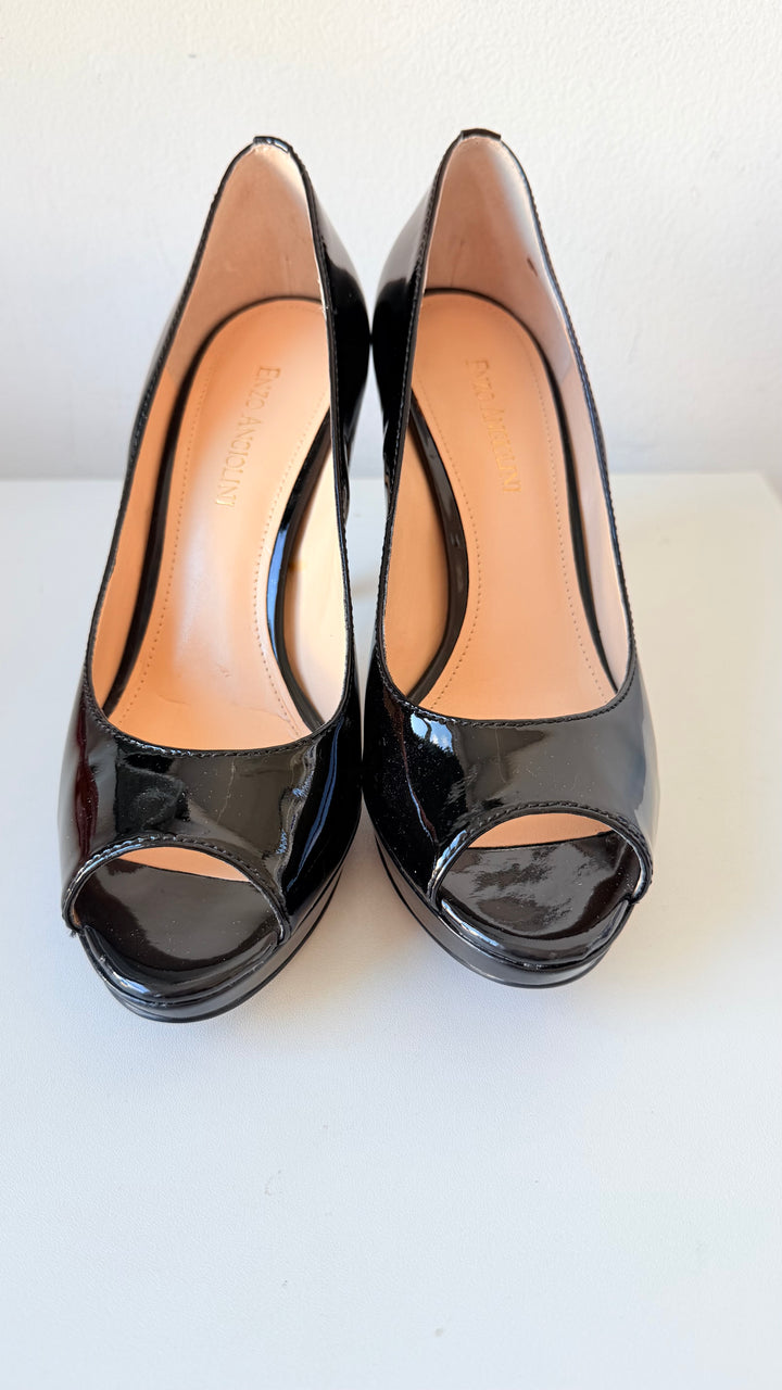 Enzo Angiolini Black Patent Peep Toe Pumps Size 8M Women’s
