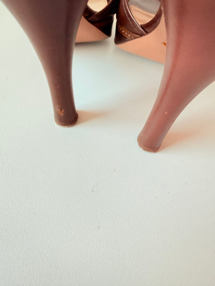 Prada Brown T Strap Platform Leather Heeled Sandals Rare Size 38