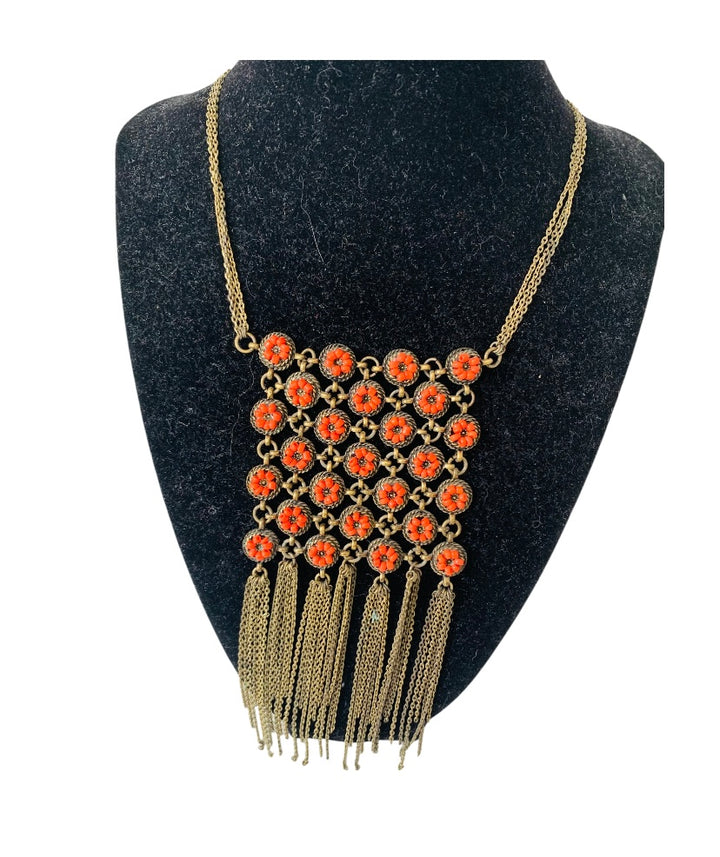 Orange and Gild Tone Fringed Statement Necklace