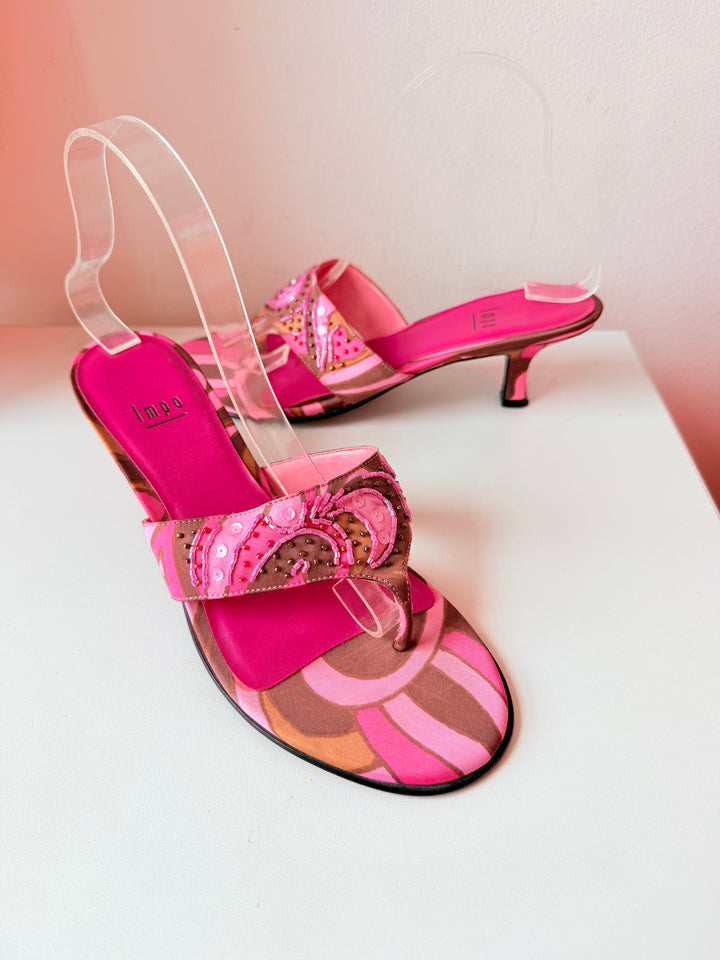 Vintage Impo Pink & Brown Sequin Thong Heeled Sandals Size 8.5