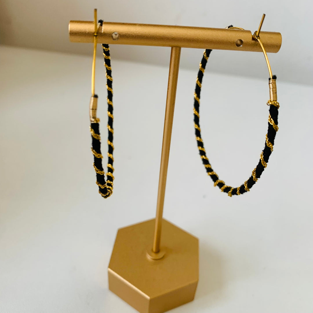 Black & Gold Rope Hoop Pierced Earrings