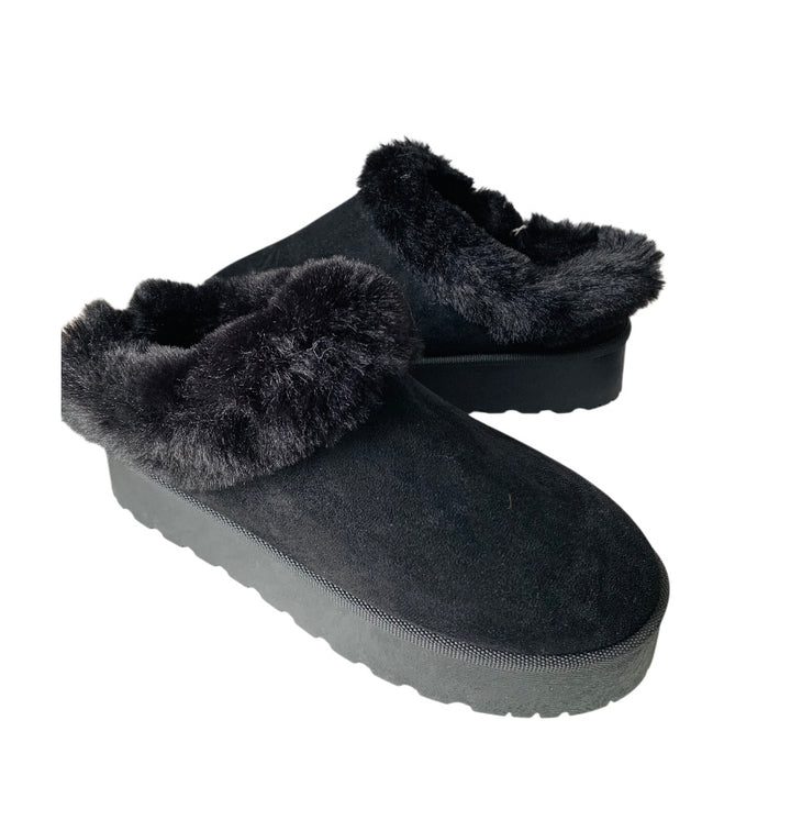Black Suede and Faux Fur Platform Mules Size 10