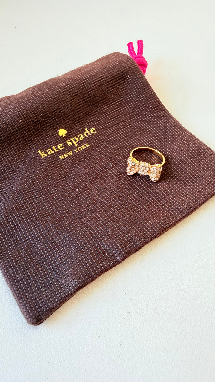 Kate Spade Rhinestone Bow Ring In Gold Tone Size 5.75”