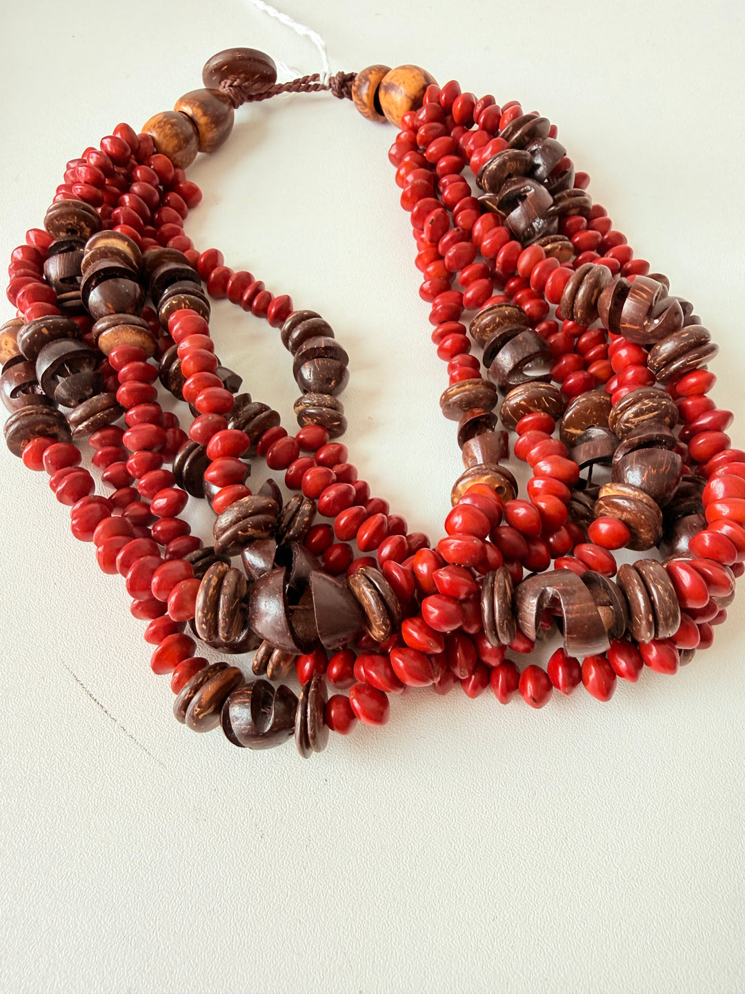 Summer Red & Brown Bead & Wood Necklace