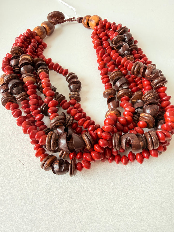 Summer Red & Brown Bead & Wood Necklace