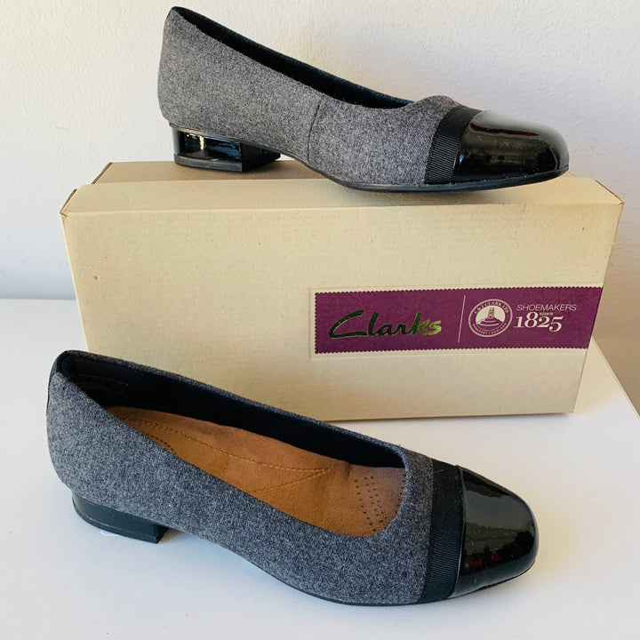 Clark’s Keeaha Rosa Women’s Grey Fabric & Black Patent Pump Size 7.5