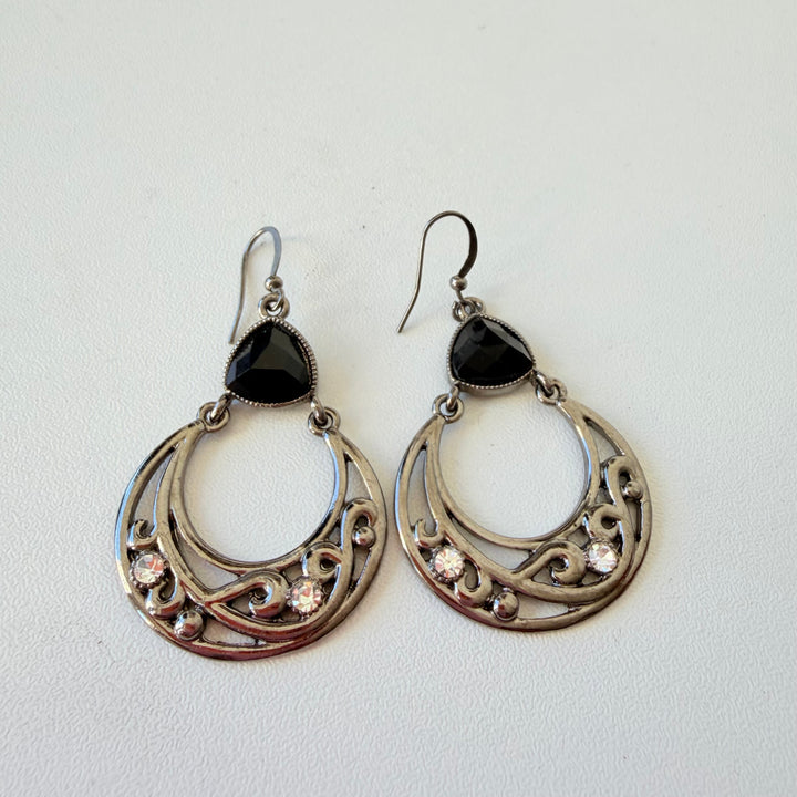 Silver & Black Rhinestone Stone Drop Hoop Pierced Earrings