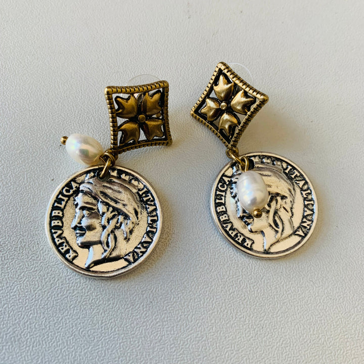 Patricia Nash Coin & Pearl Pierced Earrings