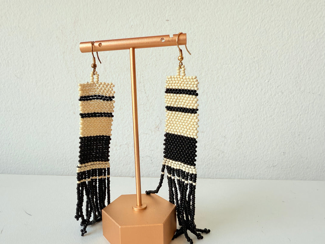Black and Ivory Stripe Beaded 5” Fringe Pierced Earrings Handmade