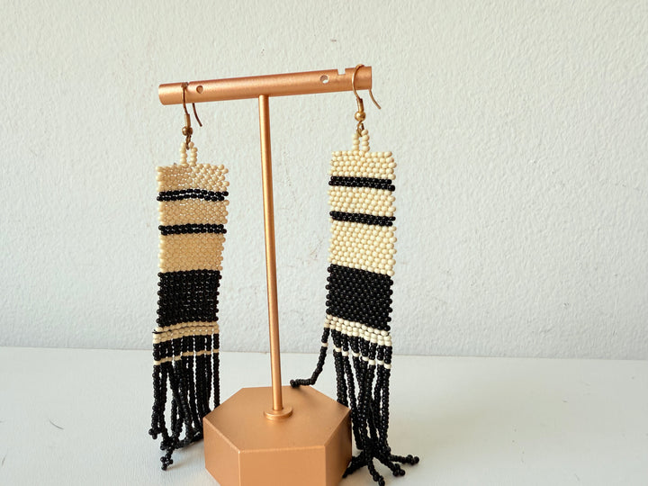Black and Ivory Stripe Beaded 5” Fringe Pierced Earrings Handmade