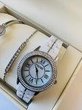 Anne Klein Ceramic Watch & Bangle Bracelet Set in White/Silver Tone New in box