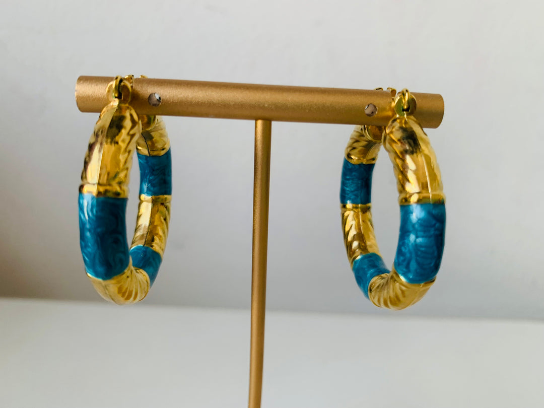 Gold and Blue Enamel Pierced Hoop Earrings