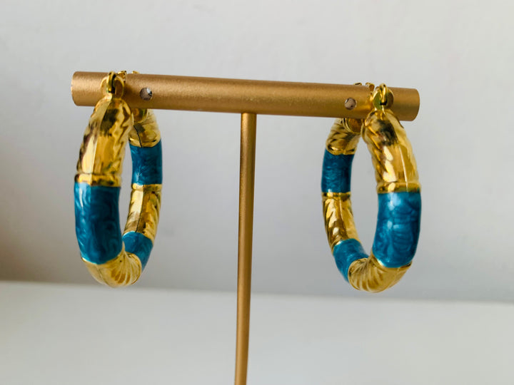 Gold and Blue Enamel Pierced Hoop Earrings