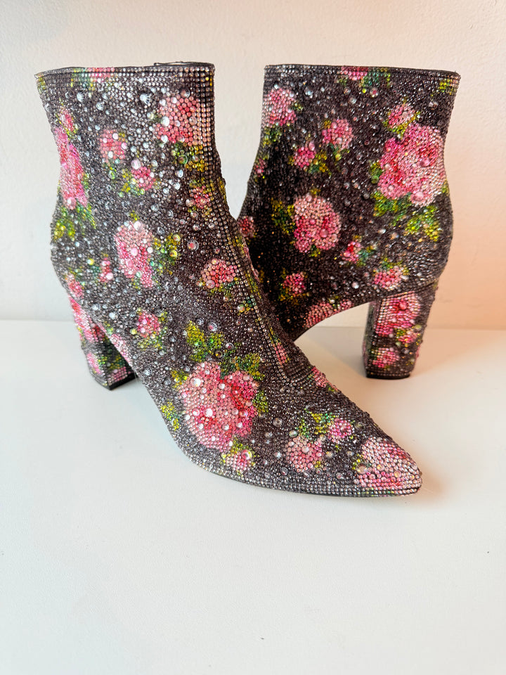 Betsey Johnson Cady Rhinestone Floral Ankle Boots Size 8.5