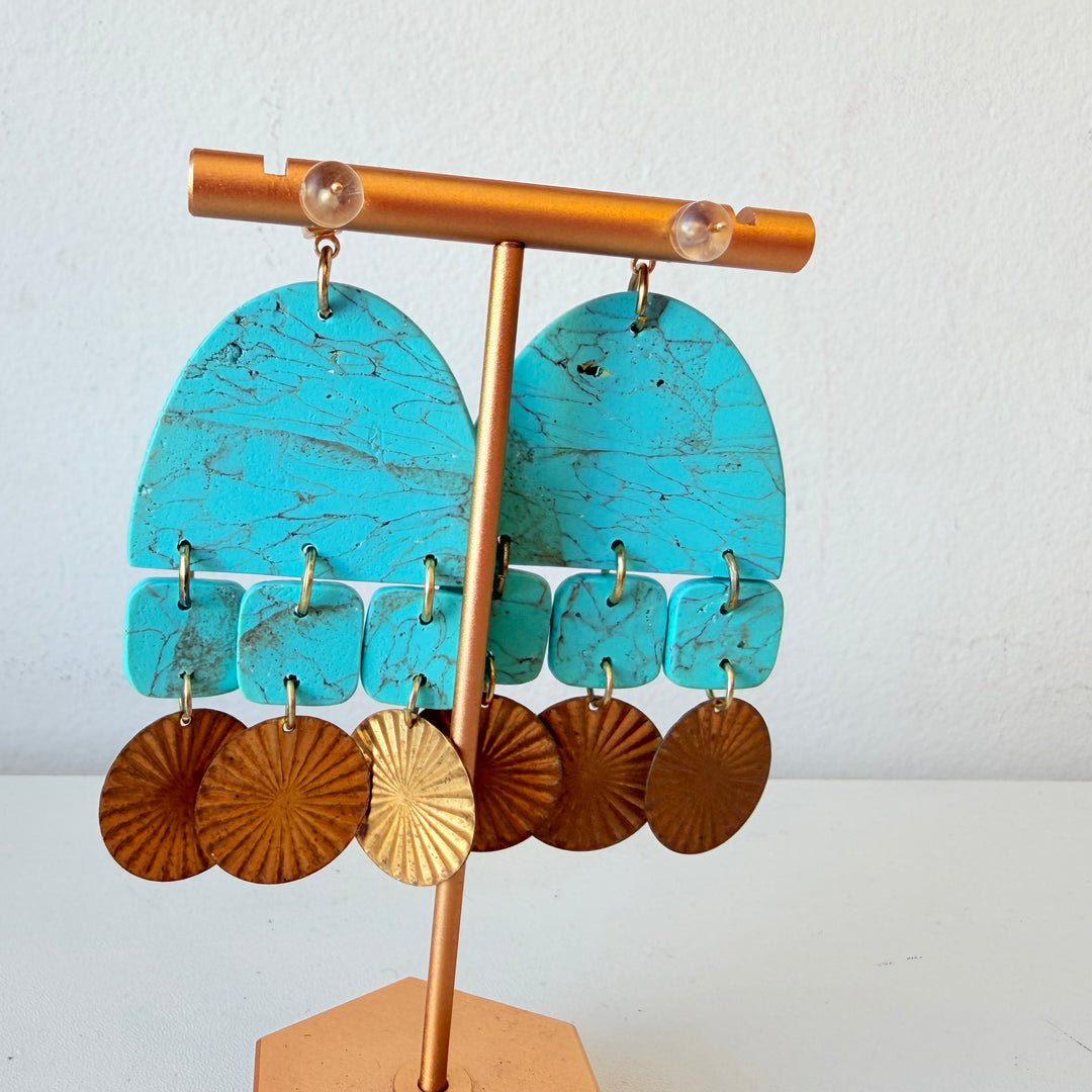 Bohemian Style Turquoise & Goldtone Dangle Pierced Earrings