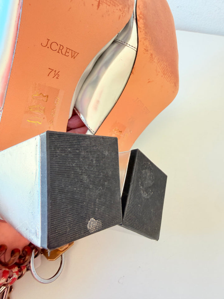 J.Crew Layne Buckle Sandals in Mettalic Silver Specchio Leather Size 7.5