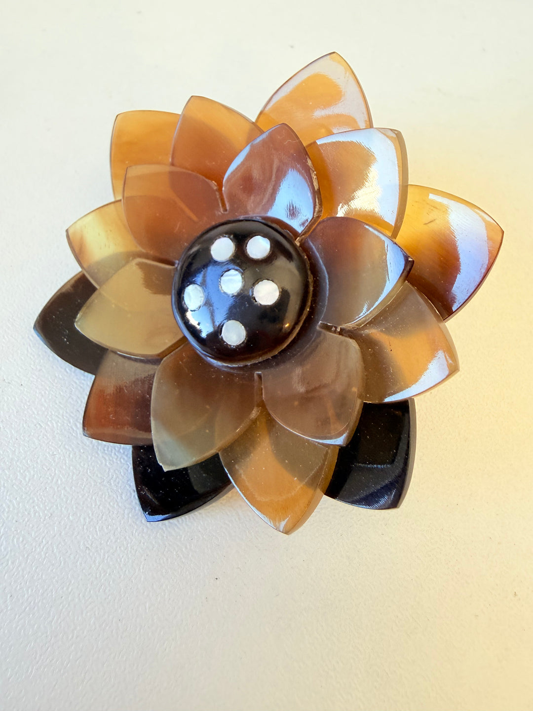 Carved Horn Brown and Tan Brooch