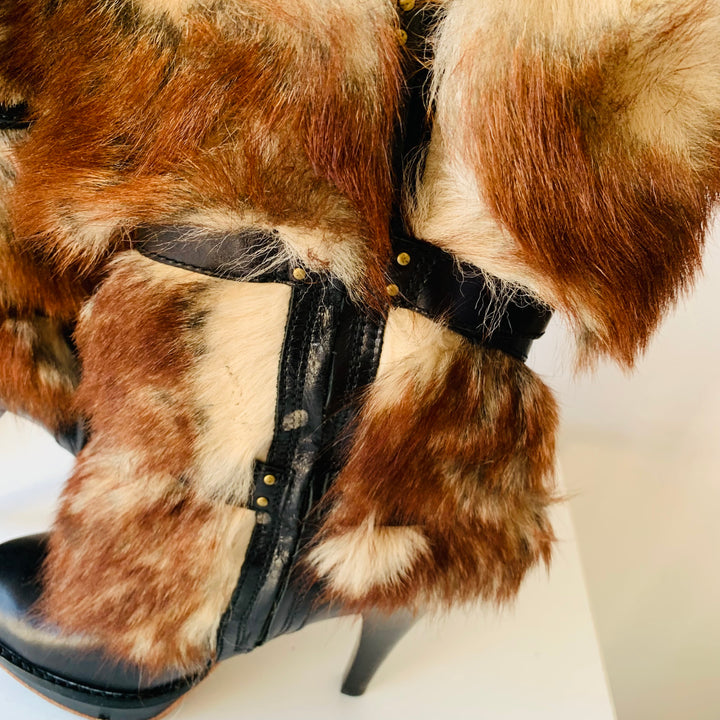 UGG Foxly Fur Leather Shearling Heeled Boots Size 6.5 In Brown Fur With Black Leather