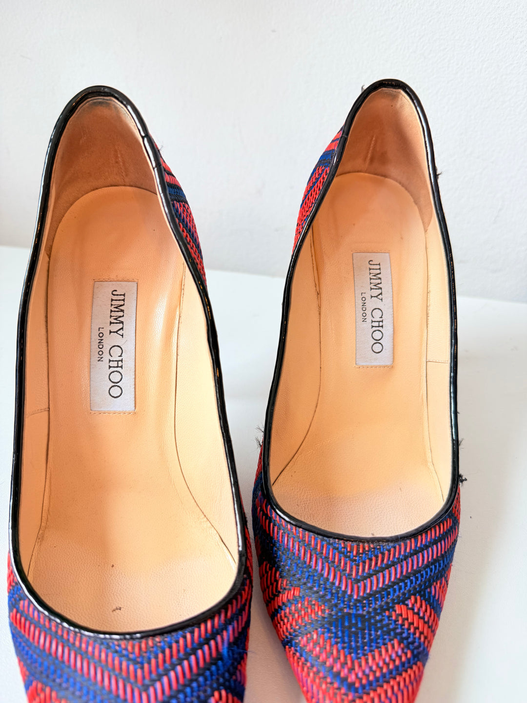 Jimmy Choo Abel Pointed Woven Fabric Red/Blue Pumps Size 39.5