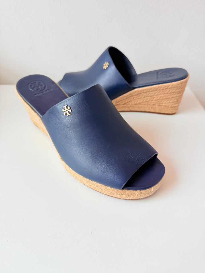 Tory Burch Bima Espadrille Wedge Sandals In Navy Blue Size 8 New