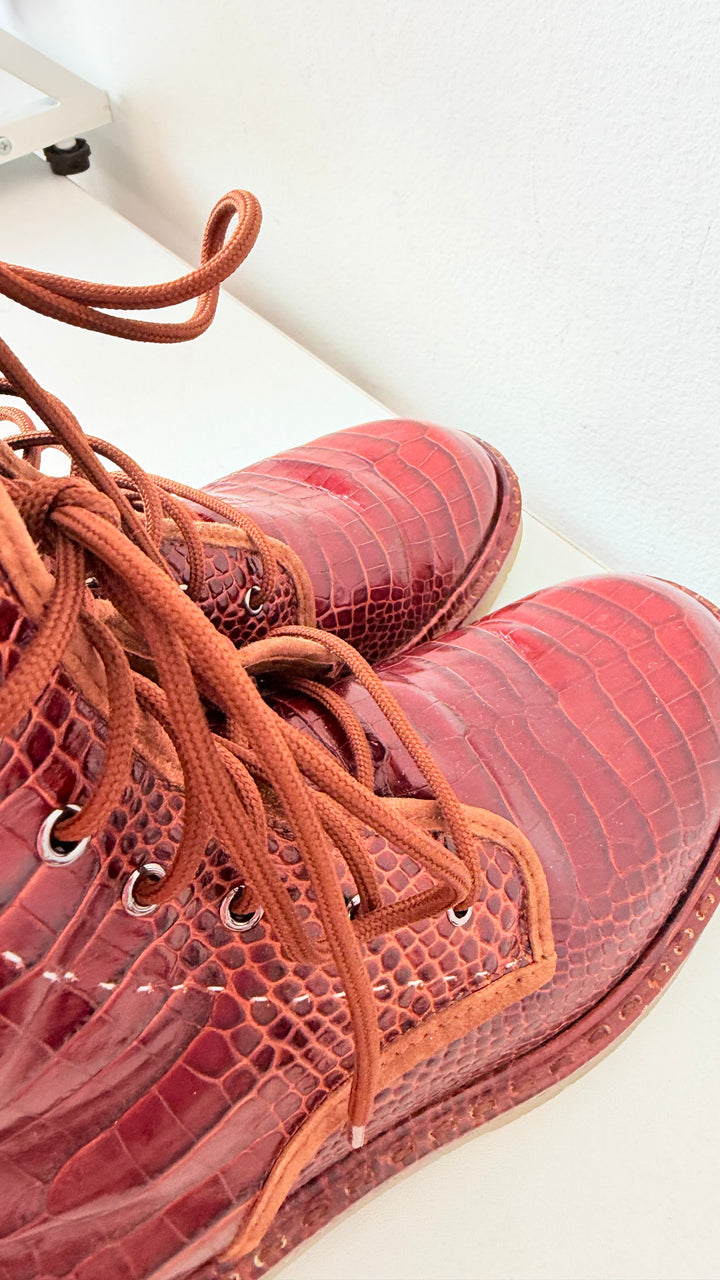 Max Mara Crocodile Print Leather Combat Boots Size 38