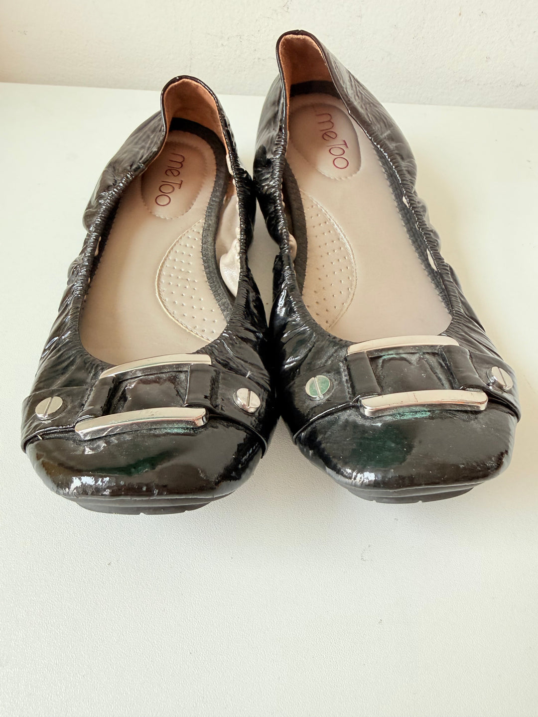 Me Too Black Patent Silver Buckle Ballet Flats Size 7.5