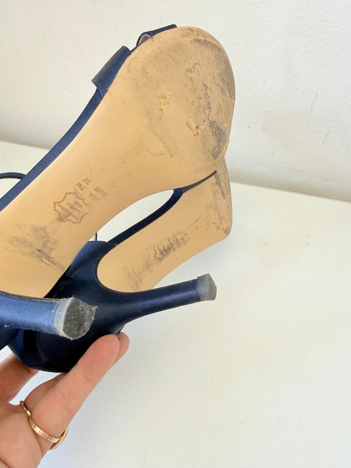 Nina Venus New Navy Satin Luster High Heel Ankle Strap Sandals Size 7M Women’s