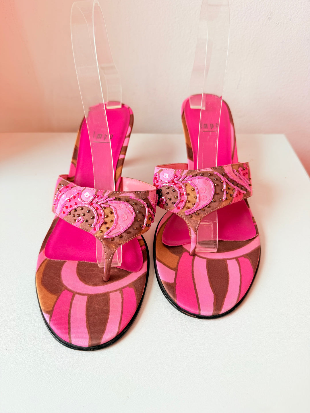 Vintage Impo Pink & Brown Sequin Thong Heeled Sandals Size 8.5