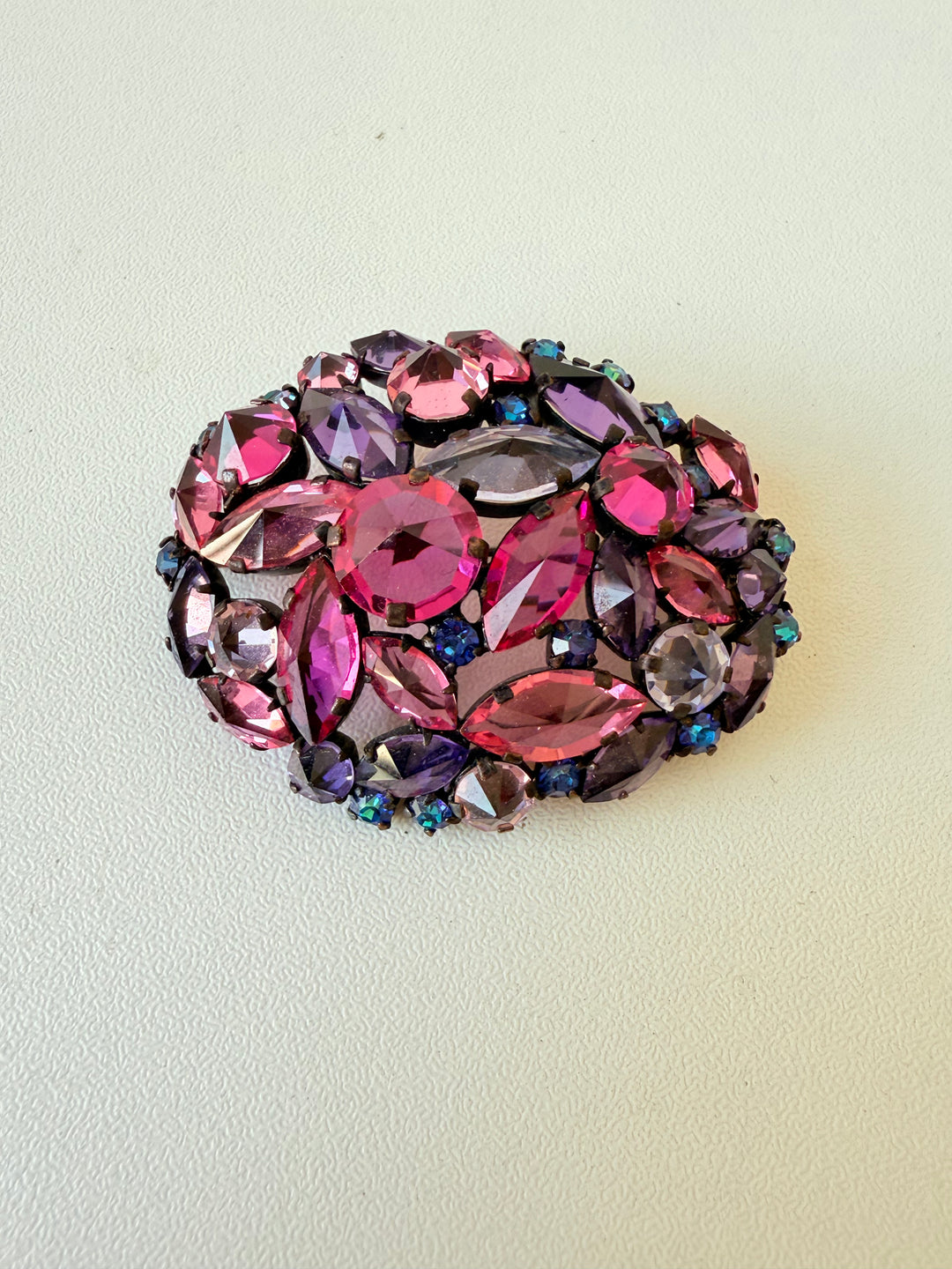 Vintage Regency Pink Aurora Borealus Rhinestone Cluster Leaf Brooch