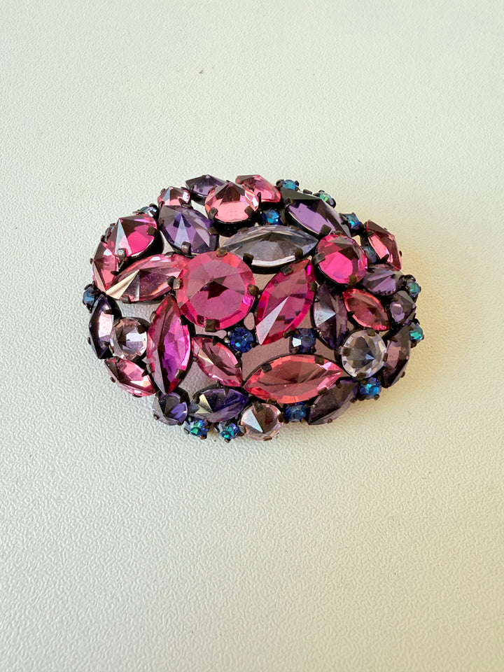 Vintage Regency Pink Aurora Borealus Rhinestone Cluster Leaf Brooch