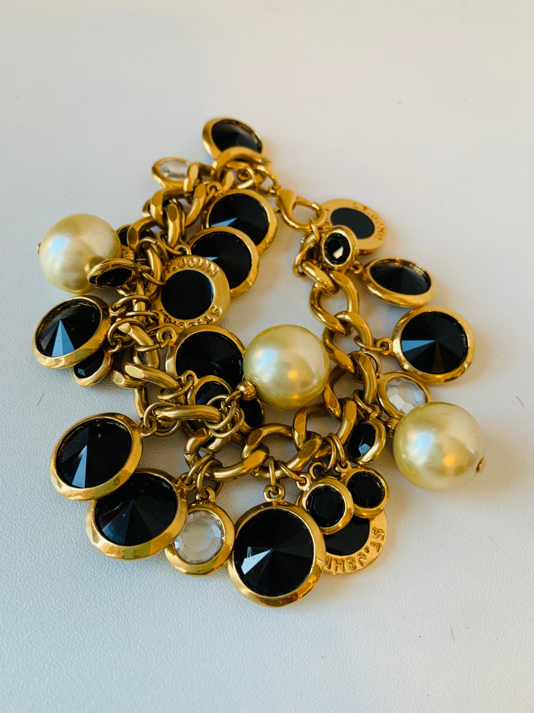 Vintage 1980’s St John Onyx Logo Clear Chicket Runway Bracelet in Gold Tone