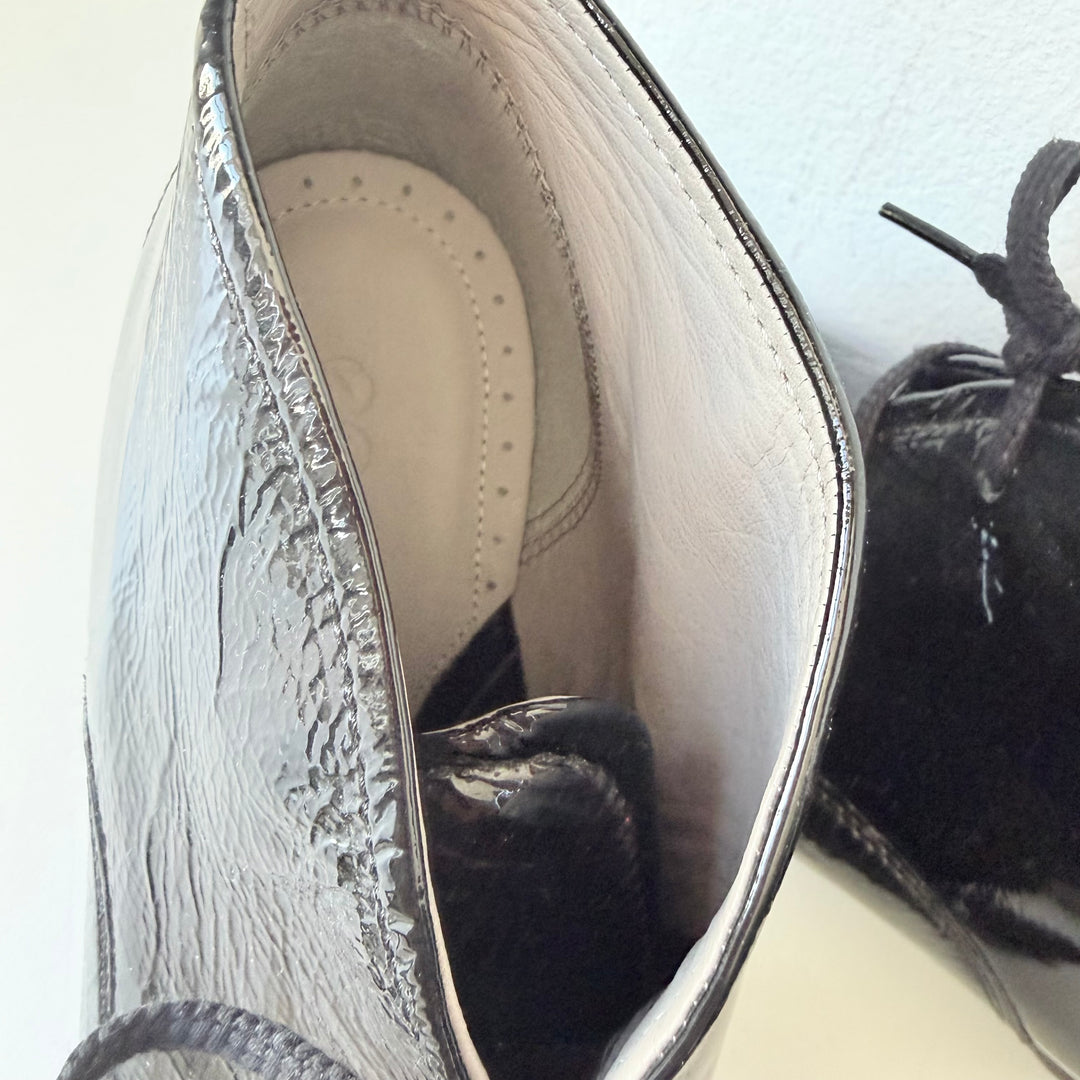 Ecco Black Patent Lace Up Heeled Boots Size 10