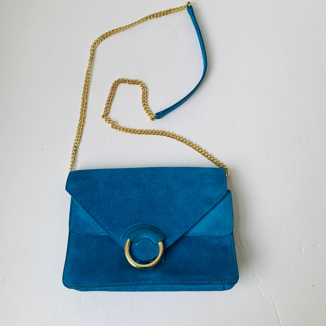 Banana Republic Royal Blue Suede Flap Over Crossbody Handbag With Gold Chain
