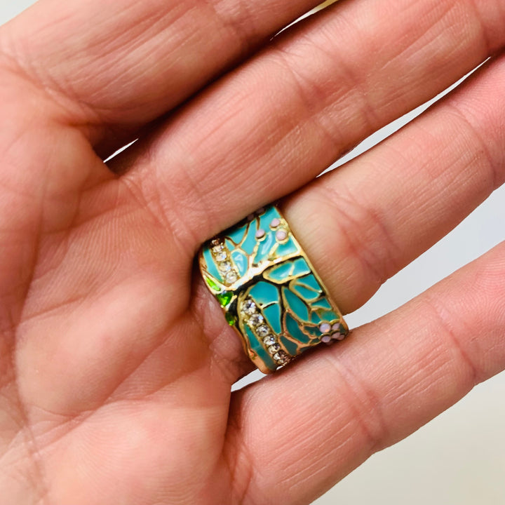 Tree Of Life Gold Tone And Green Enamel Ring Size 8