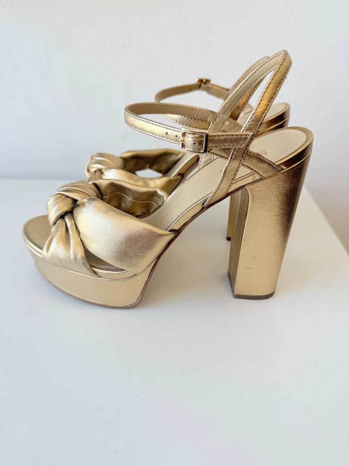Michael Michael Kors Josie Gold Metallic Leather Knot Platform Open Toe Sandals Size 8