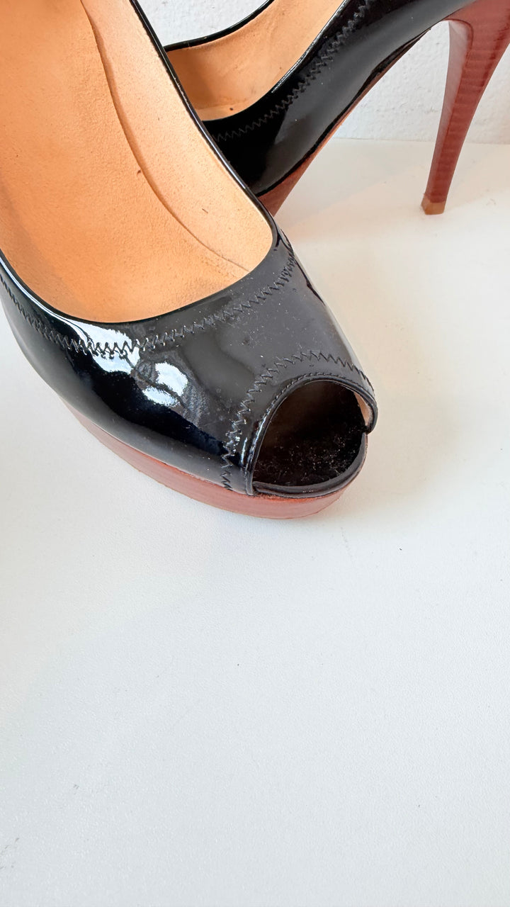 Stuart Weitzman Black Patent Analine Platform Pump Peep Toe Pumps Size 37.5