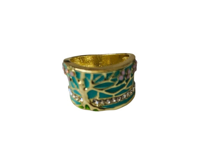 Tree Of Life Gold Tone And Green Enamel Ring Size 8